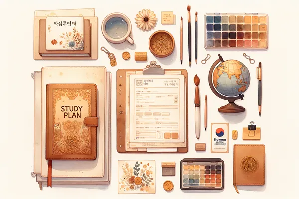 A neatly arranged flat lay of academic documents, a Korean flag pin, a world map, and a fountain pen on a light beige desk surface.